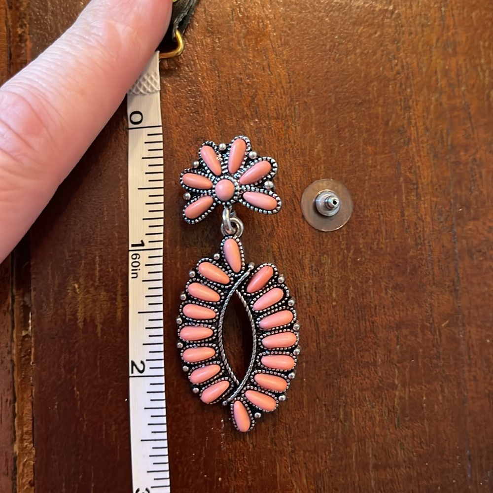 Boho Oval Blossom and Natural Coral Stone Earrings - Picture 7 of 10